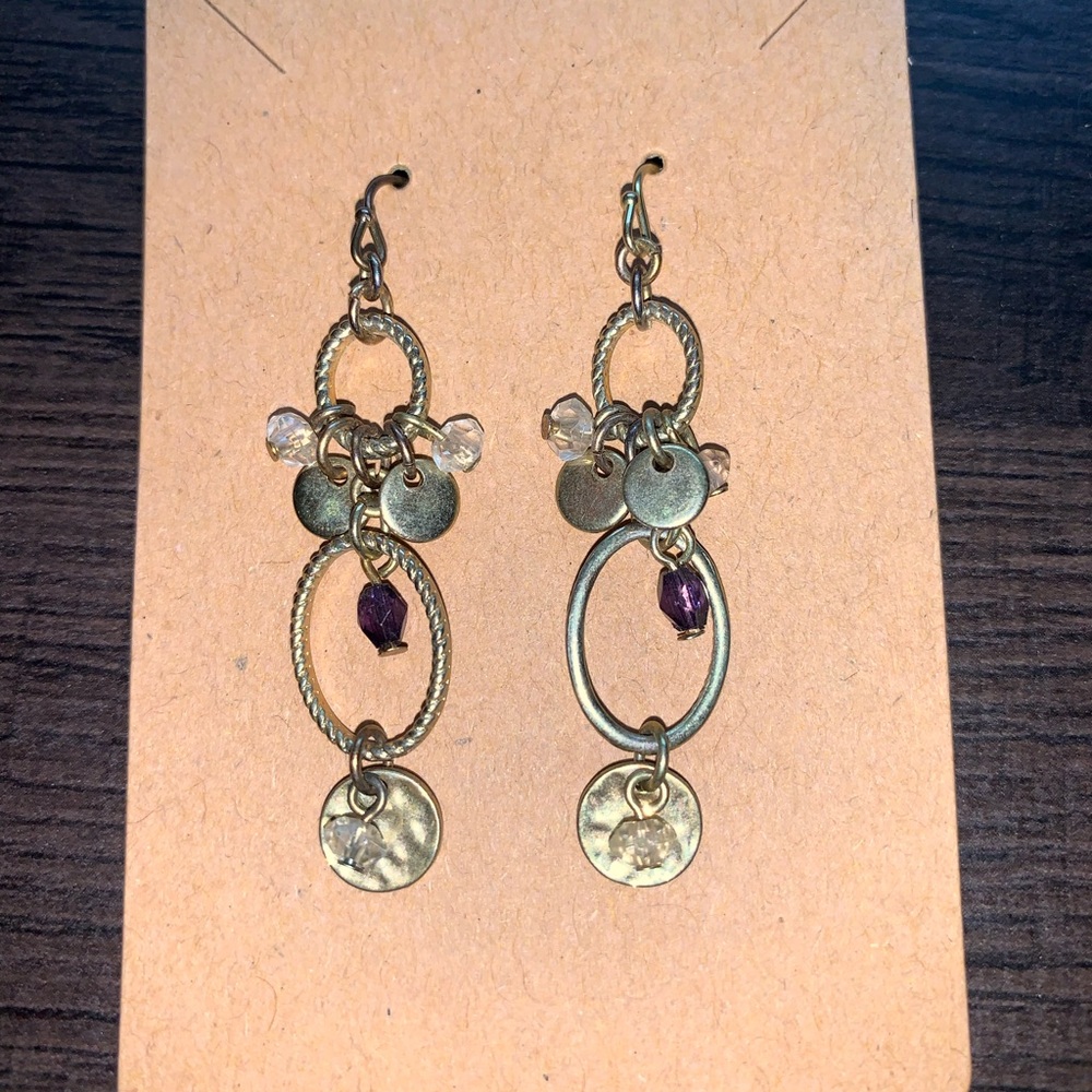 CUTE Gold and Purple Dangle Earrings. With plastic backs. - Picture 2 of 5